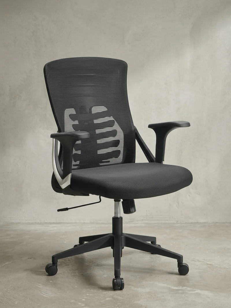 Bürodrehstuhl Schwarz Mesh mit Wippmechanik, 4-fach Lordosenstütze und Höhenverstellung
