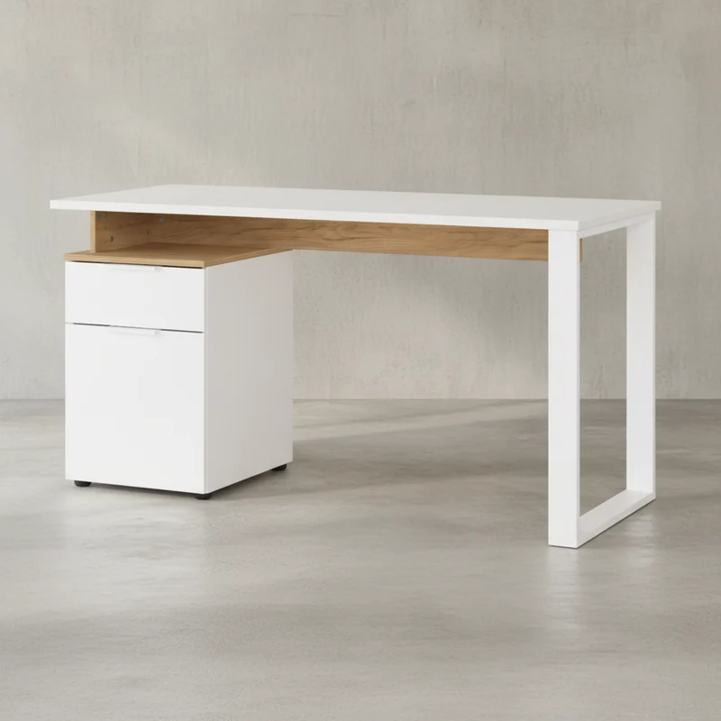 Schreibtisch – Weiß/Beige, 140x61x74 cm, mit Container, stoßfest, Metallkufen