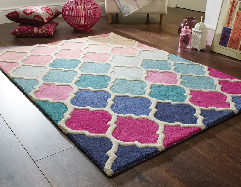 Wollteppich Bunt-Geometrie · 100 % Wolle · 9 mm Kurzflor