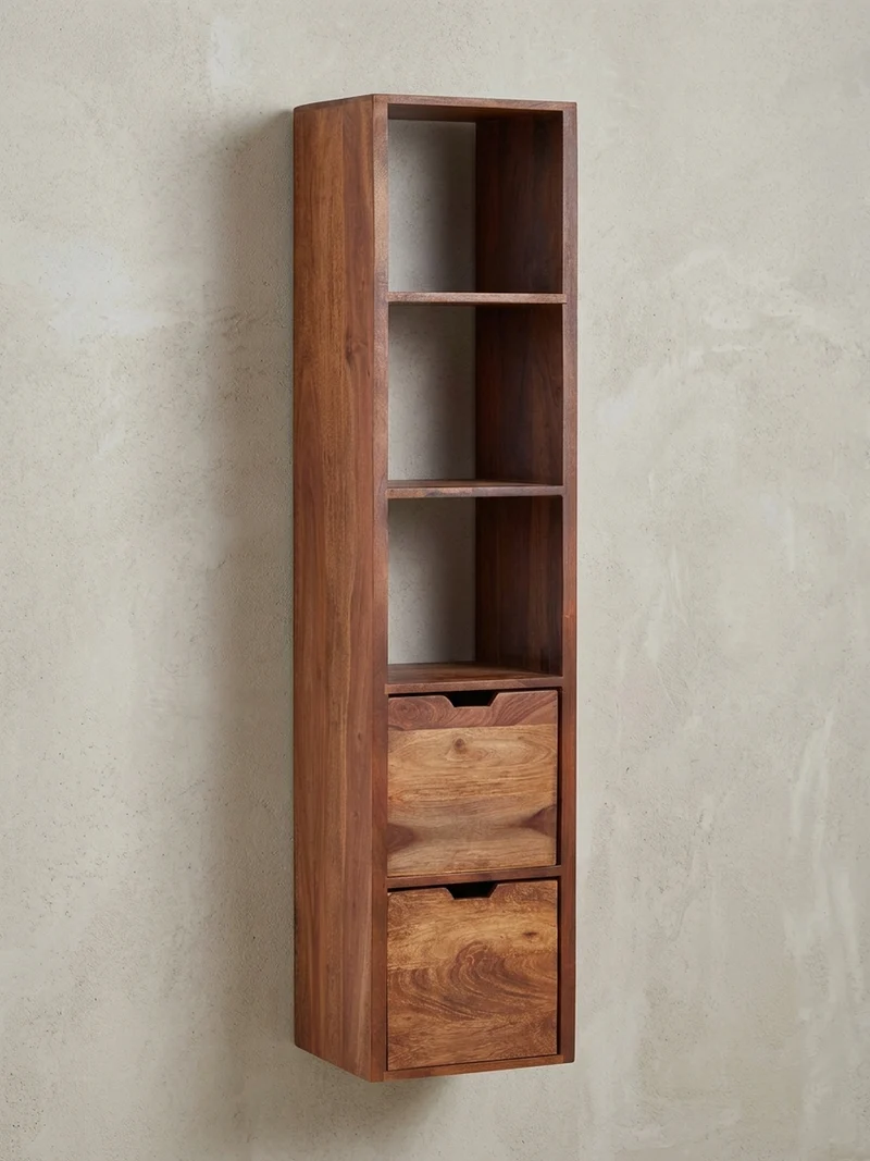 Wandregal Massivholz Modern Stil Flexibel mit 5 Ablagen und 2 Schubladen