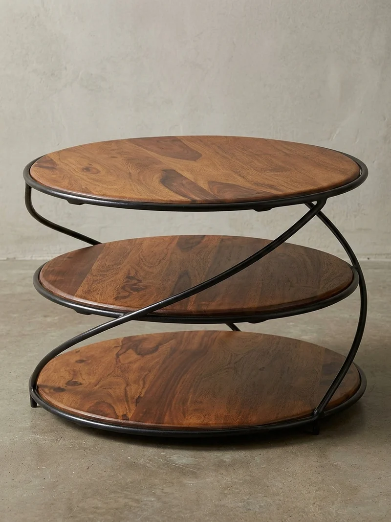 Couchtisch aus Sheesham-Massivholz, 58x58 cm, mit 3 Ablageflächen und außergewöhnlichem Design