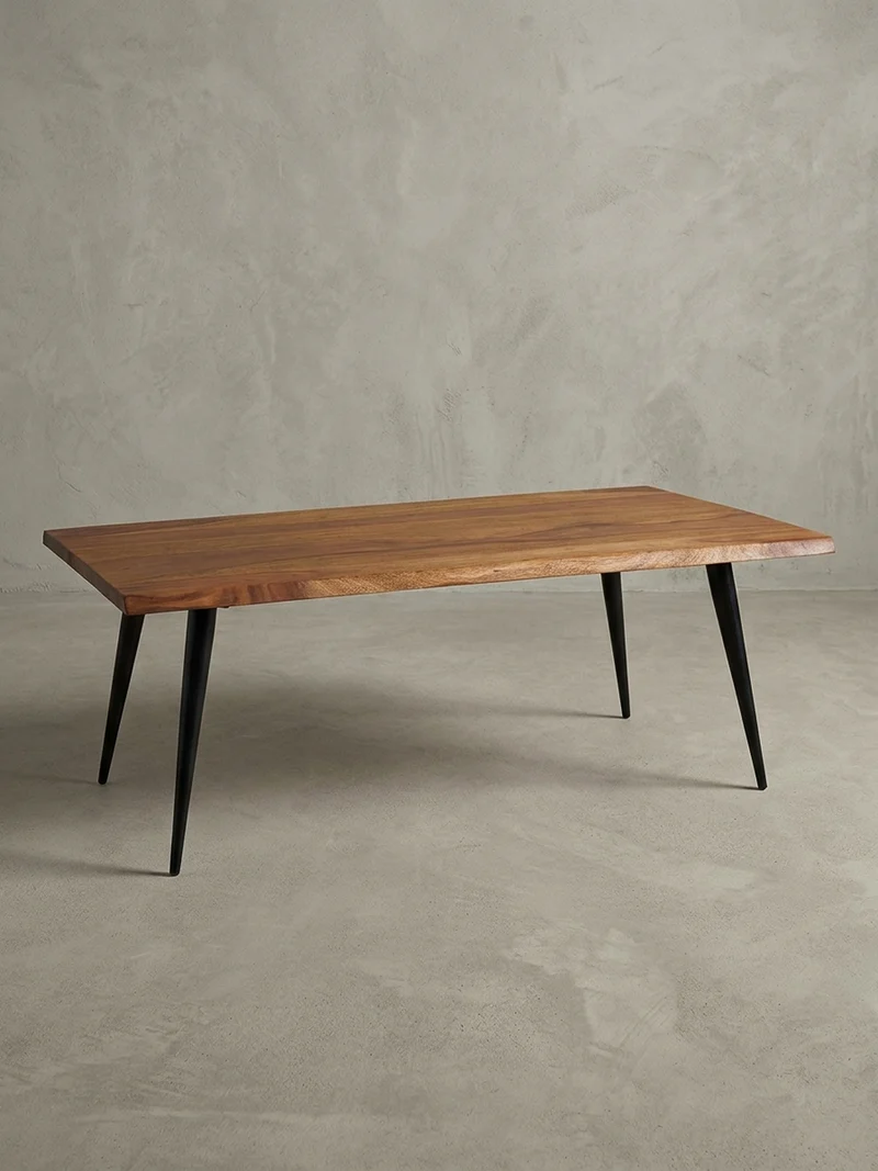 Couchtisch Sheesham Massivholz in Natur mit Baumkante und Metallgestell, 110x60x40 cm, Handgefertigt, Schutzlack-beschichtet