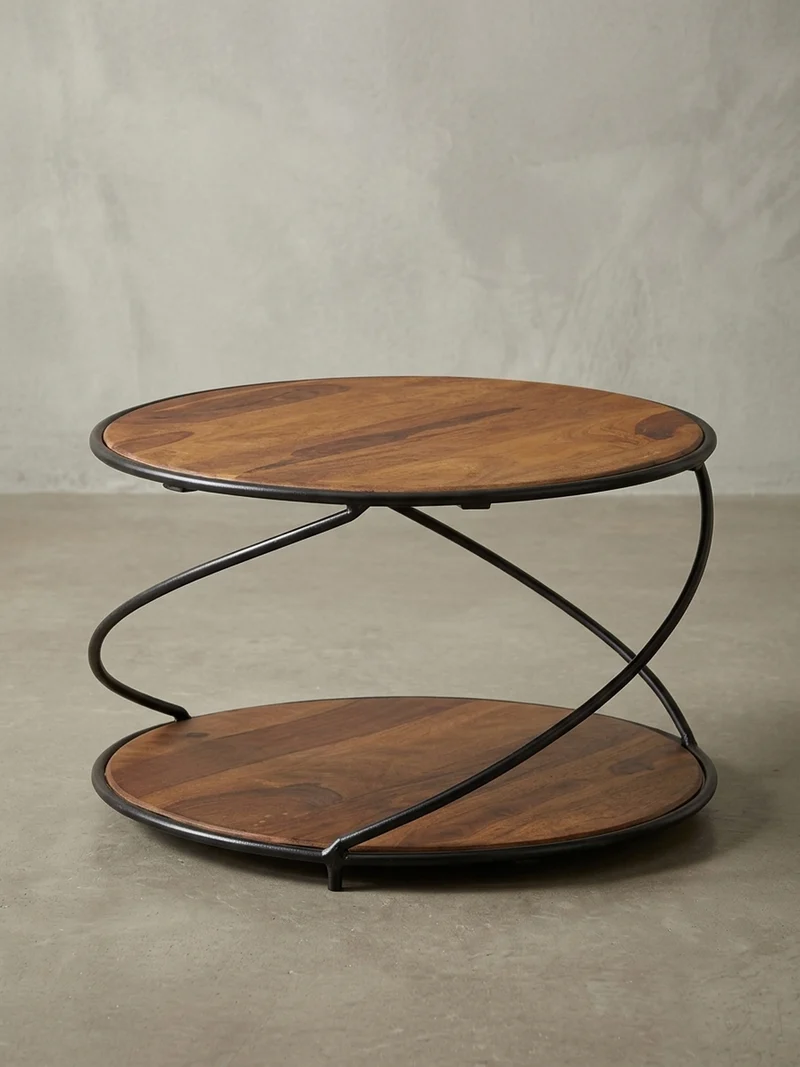 Couchtisch Schwarz/Braun, Sheesham Massivholz und Edelstahl, mit 2 Ablageflächen