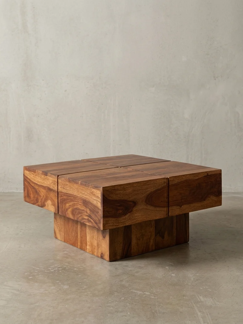Couchtisch Quadrat in Sheesham Massivholz, Modernes Rillenmuster, Maße 57,5x57,5x30 cm