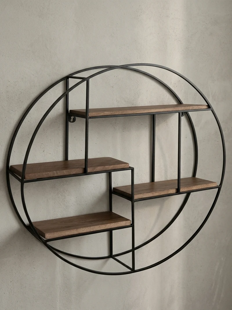 Wandregal Mango Massivholz Metall Industrial Stil 70x70x18 cm Rund