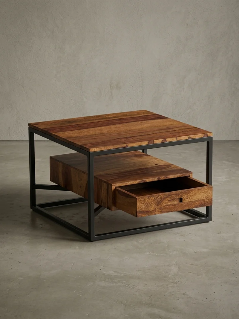Sofatisch Sheesham Massivholz und Metall, Quadratisch mit Schublade, Maße 60x60x40 cm