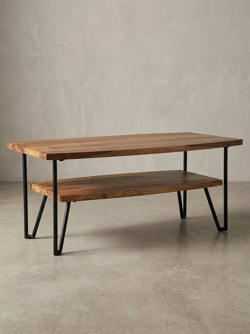 Couchtisch Sheesham Massivholz Metall Industrial-Style 90x50x40 cm