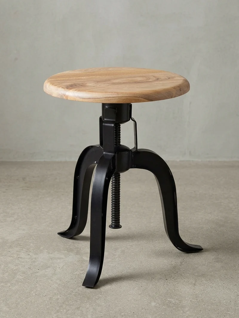 Drehhocker – Akazie Massivholz/Eisen, höhenverstellbar, Industrial-Stil