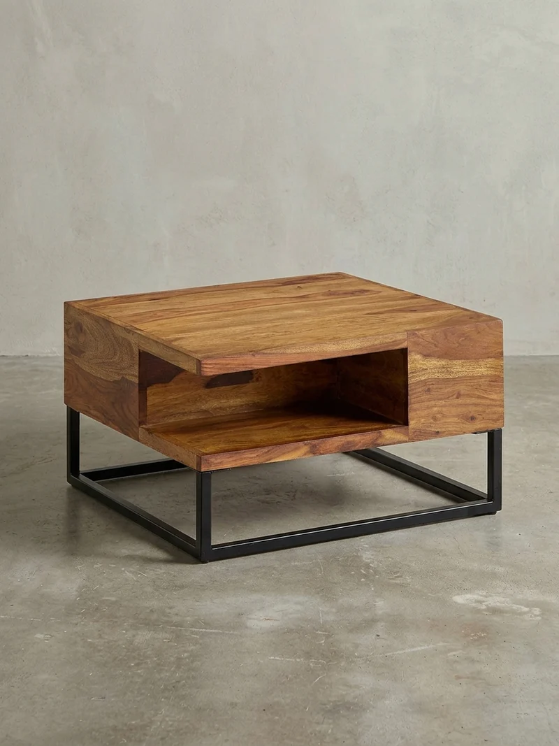 Couchtisch in Sheeshamholz mit Staufach, 60x60x34,5 cm, Industrial-Design