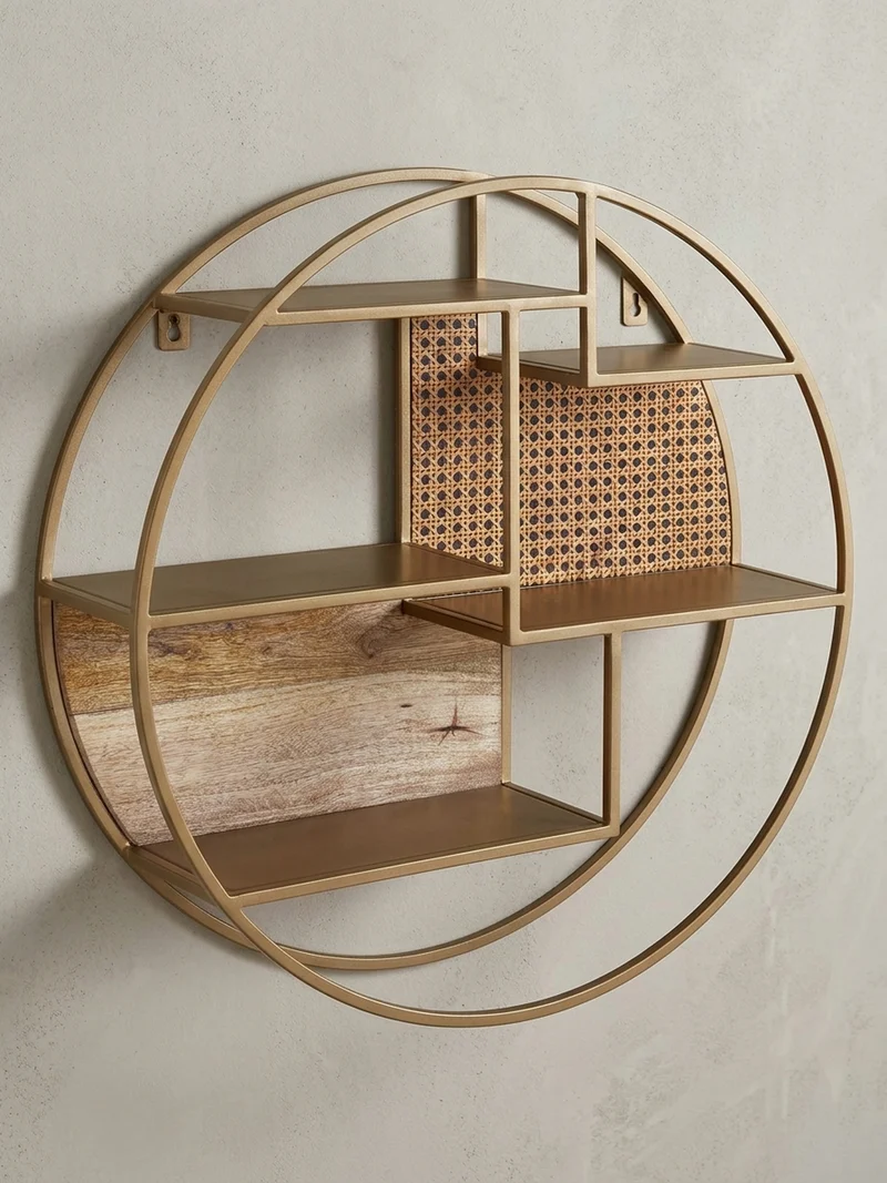 Wandregal Rattan Massivholz Metall Industrial Stil mit 5 Ablagen