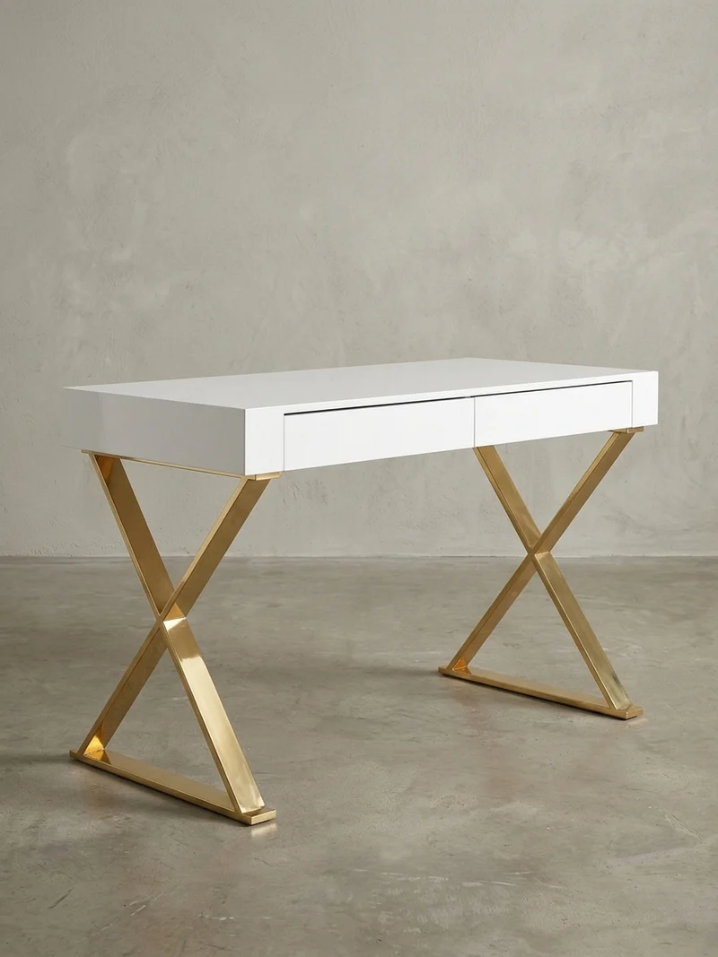 Schreibtisch – Weiß Hochglanz, goldene Beine, 2 Schubladen, modern
