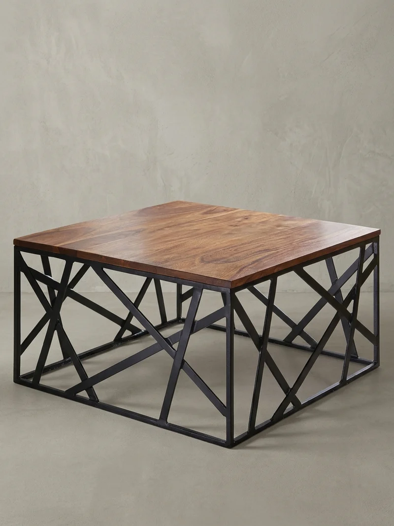 Couchtisch Industrial Stil, Sheesham Holz, Schwarzes Metallgestell, 60x60 cm