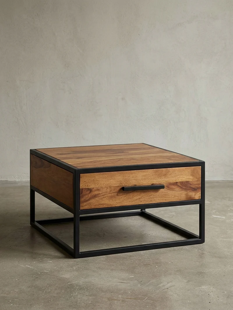 Couchtisch Industriestil, Metall und Holz, mit Schublade, 50 kg Tragkraft