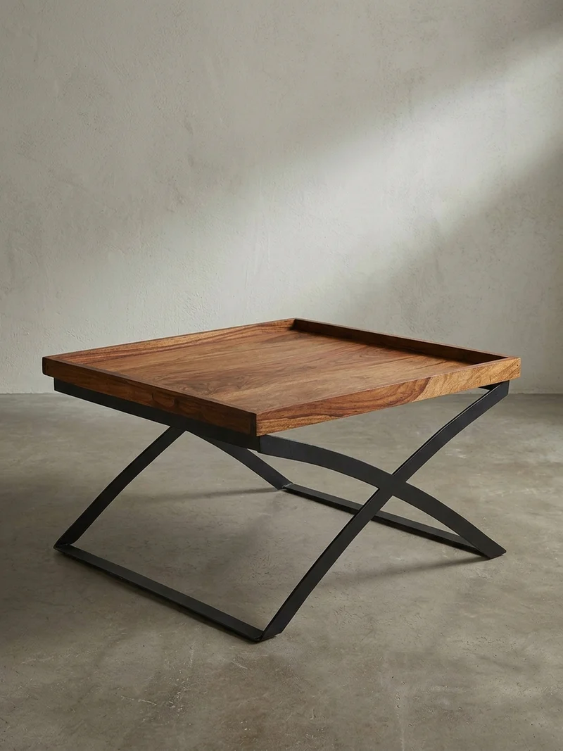 Couchtisch Quadratisch, Sheesham Holz und Eisen, Industrial-Stil, Maße 63x39x63 cm