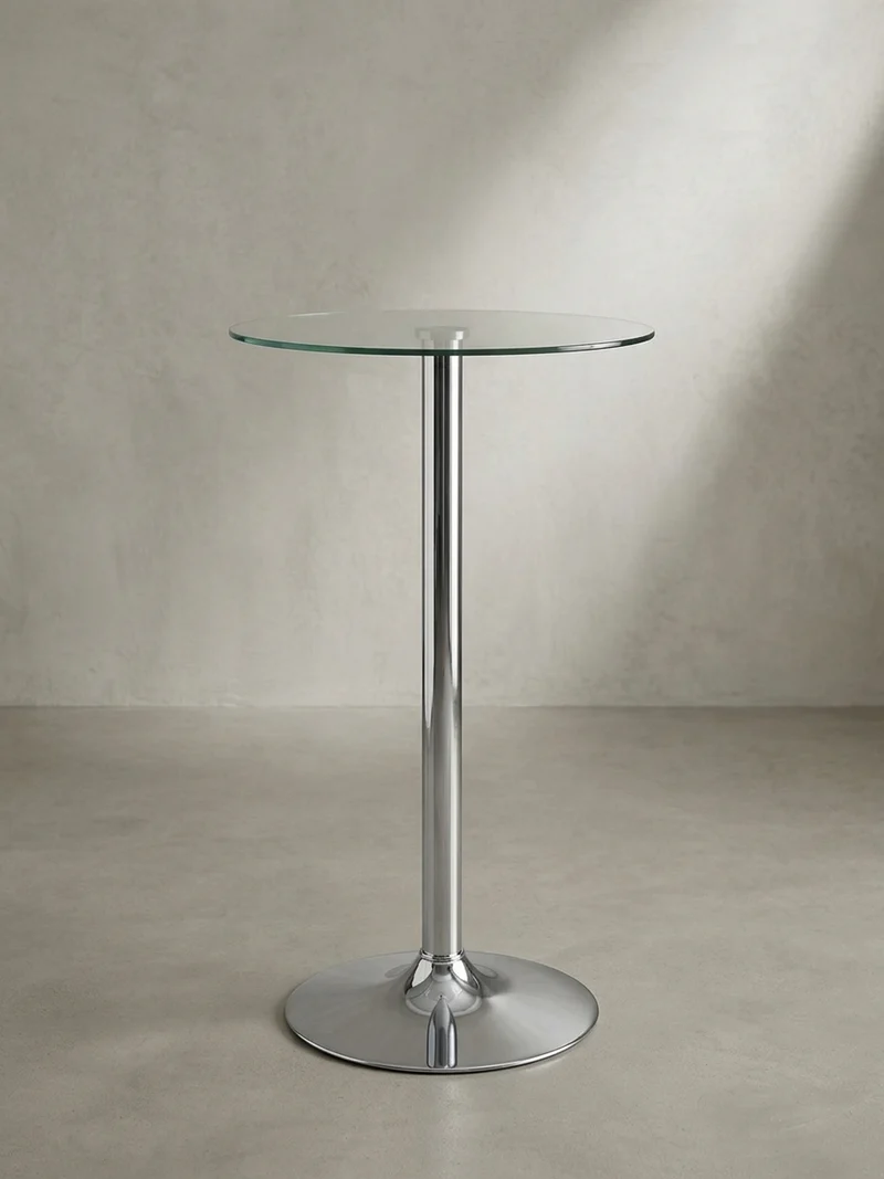 Stehtisch – Ø 60 cm, Sicherheitsglas, Drehfunktion, Trompetenfuß, Chrom