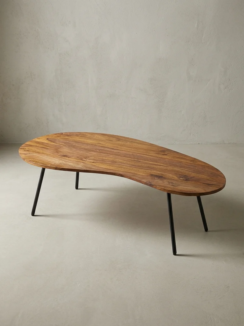 Couchtisch Retro-Stil mit Nierenform, Massivholz, Metallbeine, pflegeleichte Tischplatte