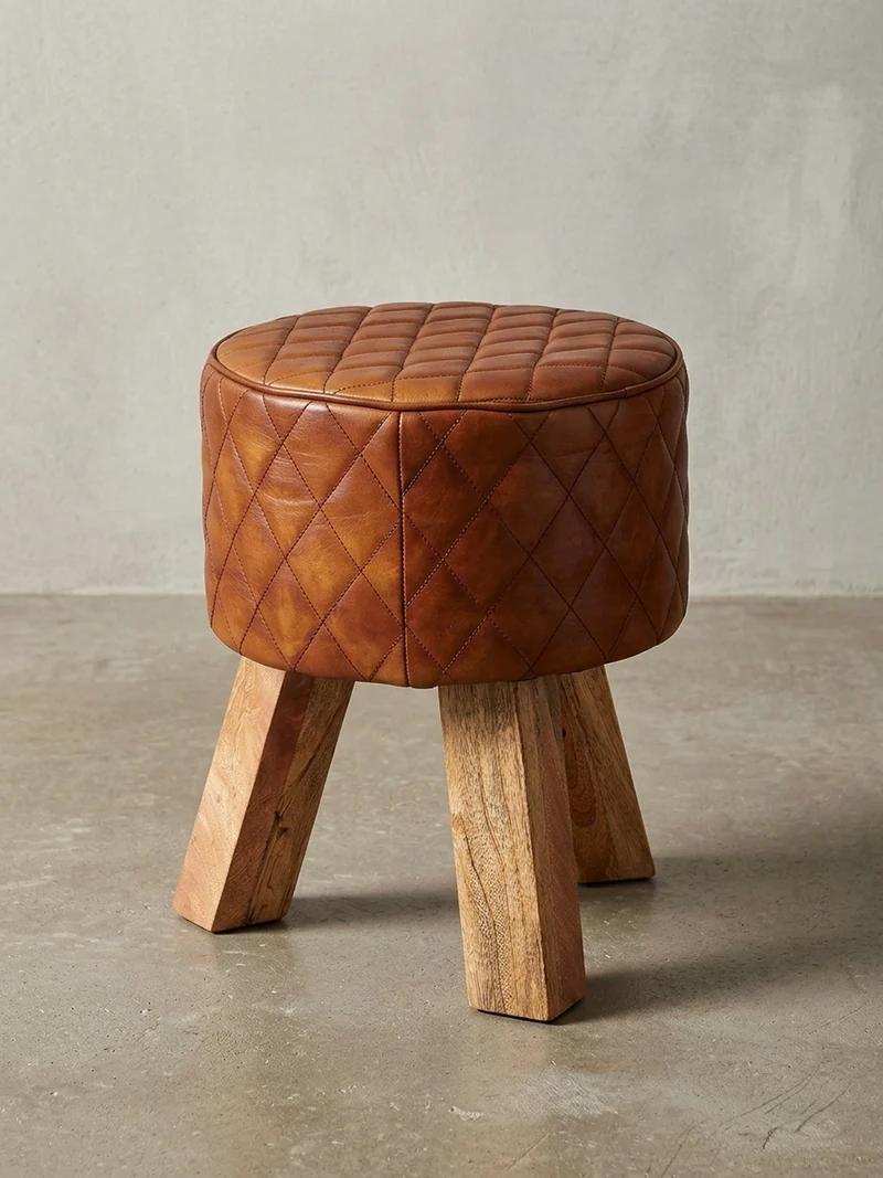 Sitzhocker – Holz/Leder, 46 cm, Rautenmuster, Braun