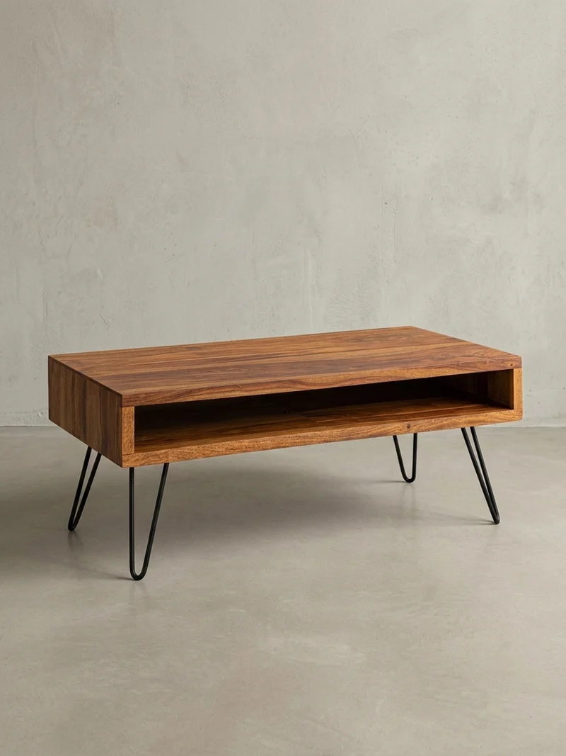 Couchtisch Sheeshamholz Schwarz, Pulverbeschichtet mit Ablagefach, Maße 100x40x50 cm