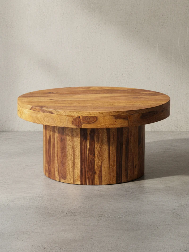 Couchtisch aus Massivholz Sheesham in Braun, Lackiert, mit robustem Sockelfuß, Maße 60x60x30 cm