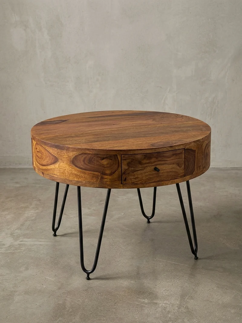 Couchtisch Sheesham-Massivholz Schwarz, Metallbeine, Handgefertigt, Mit Schubladen