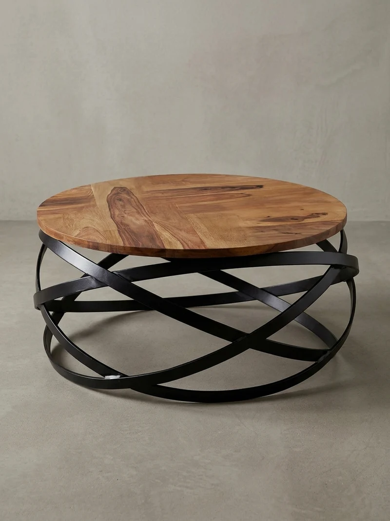 Couchtisch Industrial, Braun, Massives Holz und Metall, Modernes Design, Komplett Montiert