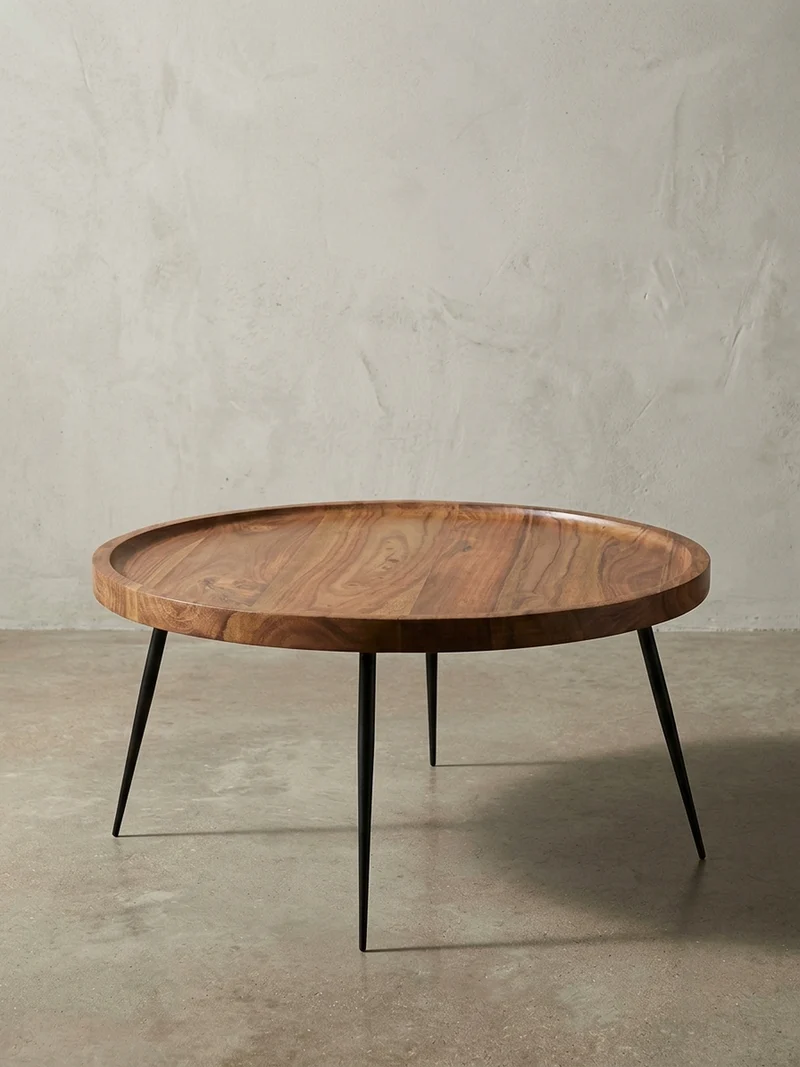 Couchtisch Industrial-Stil Rund, Holzplatte und Metallbeine, Handgefertigt, Pflegeleicht