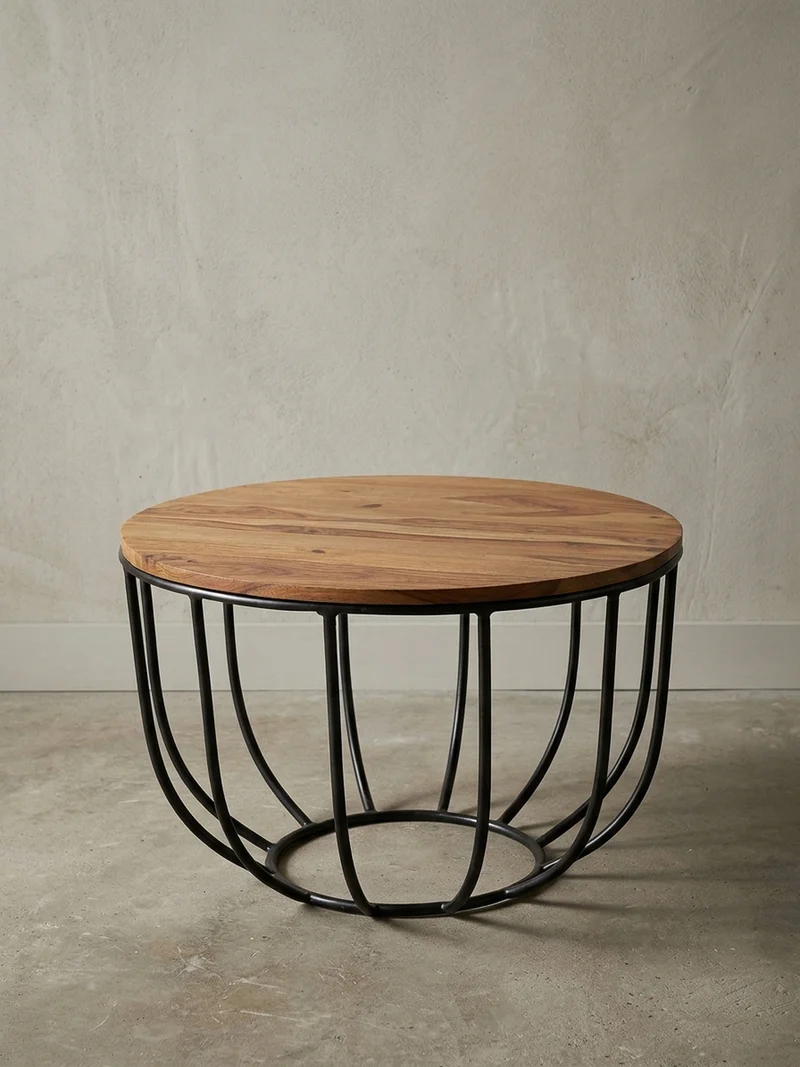 Couchtisch in Industrial-Stil, Sheesham Massivholz, Metallgestell, Korbdesign, Rustikal