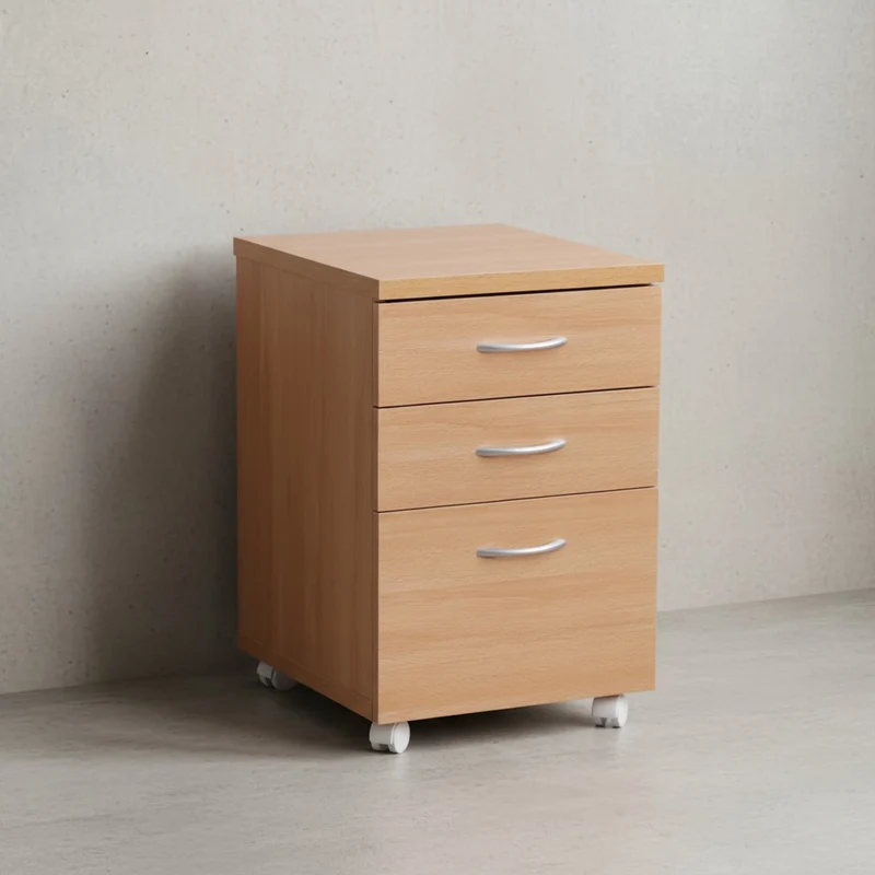 Rollcontainer – Buche, 60 cm hoch, 3 Schubladen, Aluminiumgriffe, Rollen