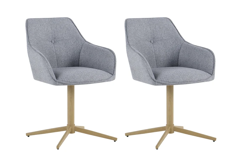 Stuhl 2er Set OTTAWA, Webstoff hellgrau, Metall eichefarbig, 360° drehbar mit Armlehnen, Esszimmerstuhl, Polsterstuhl, Maße: B 62, H 84,5, T 58 cm