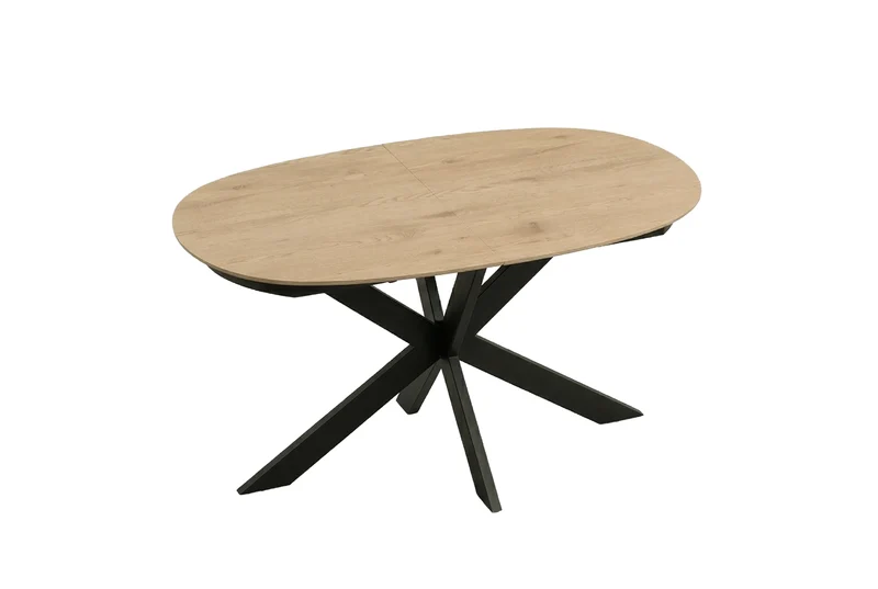 Ausziehbarer Esstisch 140x90 cm, erweiterbar auf 180 cm Mittelauszug Butterfly Funktion, Ovaler Tisch Esszimmer, Eiche Optik, Metallfuß Schwarz stabil, Maße: 140-180 x 90, H 75 cm