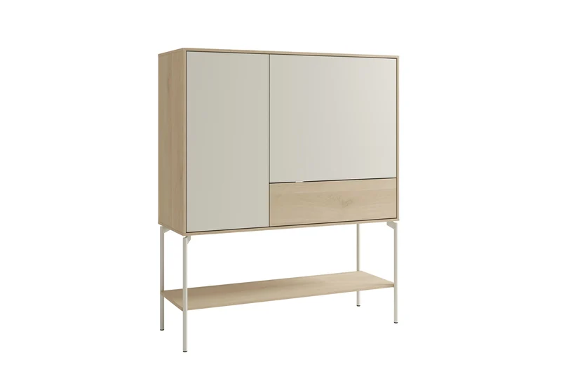 Highboard LABOE 03, Korpus und Fronten in Melamin, Eichefarbig Bianco hell und seidengrau