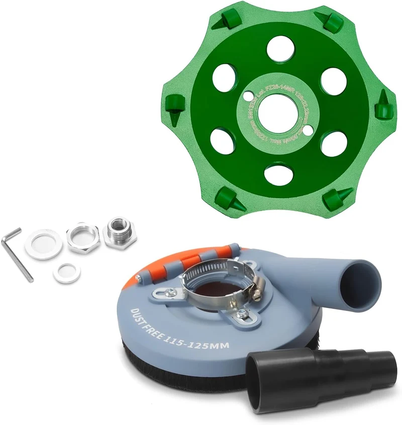 FANZWORK Absaughaube für Winkelschleifer inkl. 125 mm PKD-Schleiftopf zur Kleberentfernung – PROFI QUALITÄT – Bürsten Auswechselbar – 99% Universal Passend – Verstärkter Adapterring – M14 Adapter | PKD
