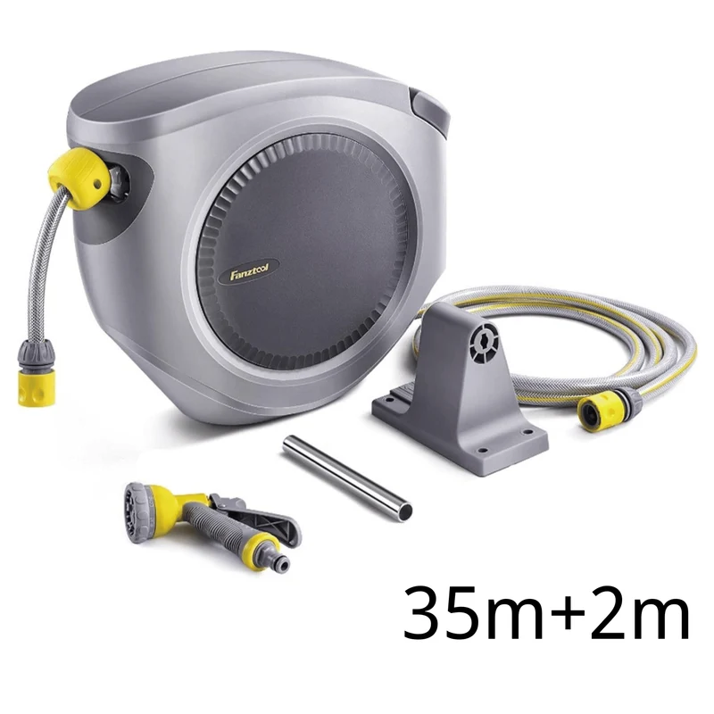 Schlauchtrommel 35m+2m 1/2" mit Wandhalterung Inkl. 8-Funktionen-Multi-Handbrause | Automatik Einrollen | 180° Schwenkbar | Gartenschlauch RoHS geprüft