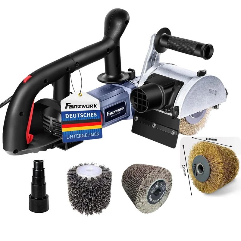 FANZWORK V2 1500 Watt Satiniermaschine mit Staubsaugung-Anschluss, Drehzahlregelung, Stahldraht+Nylon+Schleifpapier Bürste FZ-7301B