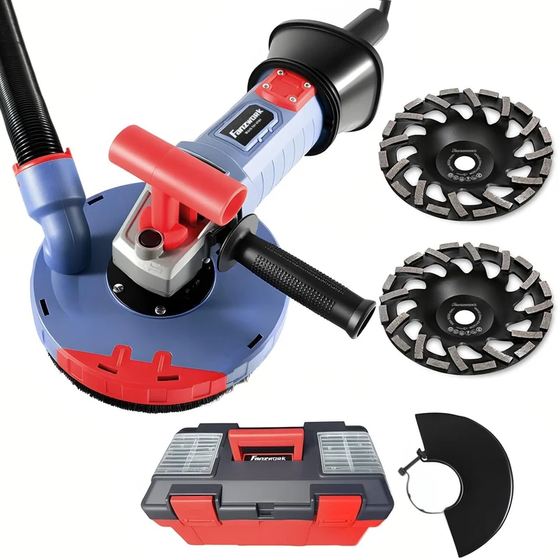 Gebraucht 2100W / 180mm Betonschleifer Betonfräse Set, inkl. Premium 180mm Diamantschleiftopf *2, Absaughaube, T-Förmiger Griff
