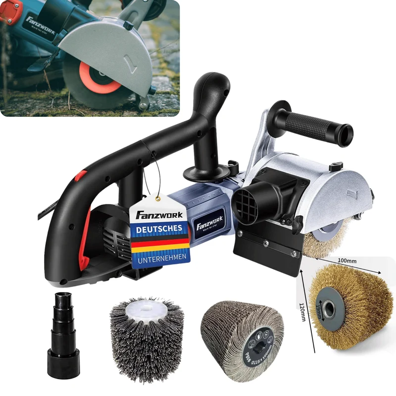 Neuwertig - 25S FANZWORK V2 1500 Watt Satiniermaschine zur Renovierung von Oberflächen aller Art, mit Staubsaugung-Anschluss, Drehzahlregelung, Kugelgriff, Messing & Nylon & Schleifpapier Bürste FZ-7301B