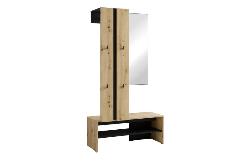 Kompaktgarderobe NANTE / Artisan Eiche (Eiche-Optik) oder weiß, Absetzung in schwarz / Spiegel, Kleiderstange, offene Fächer / Garderobenmöbel / Flurgarderobe / Maße: B 100, H 186, T 40 cm