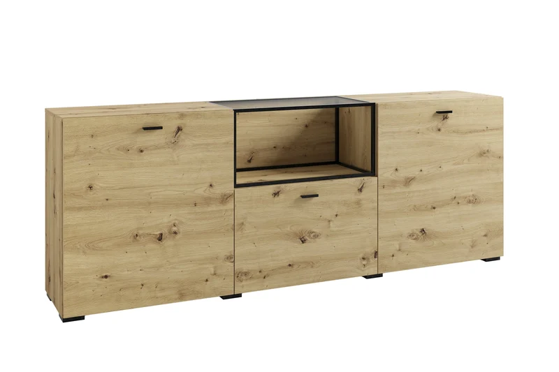 Sideboard FRAME / Artisan Eiche (Eiche-Optik) / Fach mit Metallrahmen und Glasablage, verstellbare Böden / Anrichte / Kommode / Maße: B 200, H 75,5, T 37,5 cm