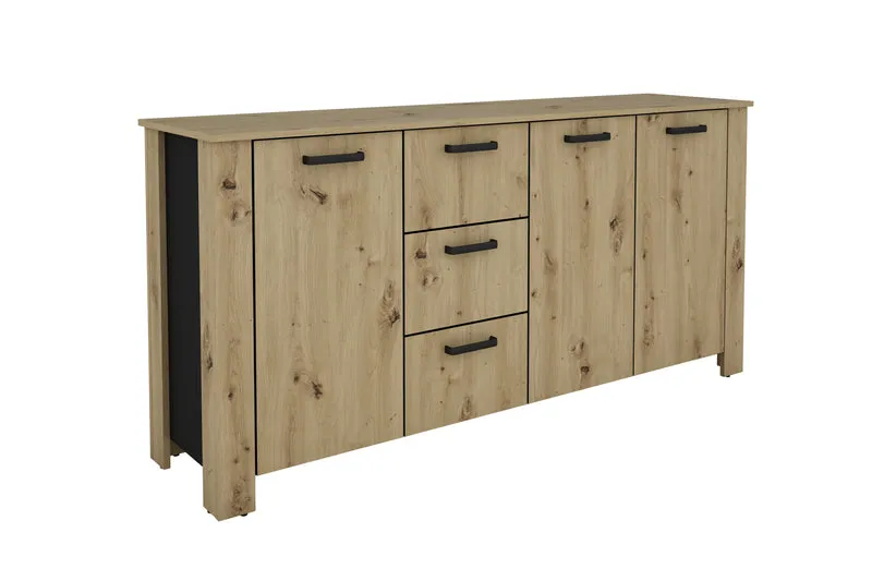 Sideboard FARO / Artisan Eiche (Eiche-Optik) oder weiß, Absetzung in schwarz / Stollenoptik / 3 Türen und 3 Schubkästen / verstellbare Einlegeböden / viel Stauraum / Kommode / Anrichte / Maße: B 160, H 84, T 40 cm