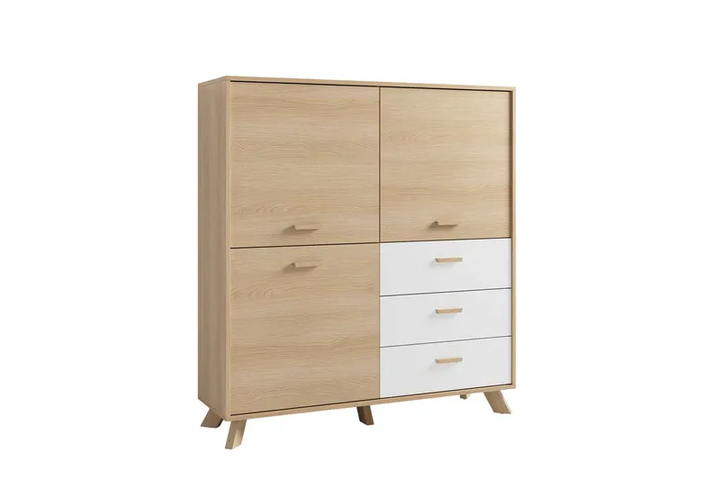 Highboard BASTIAN / Eiche bianco, weiß / Griffe und Füße Massivholz Eiche / 3 Türen, 3 Schubladen / viel Stauraum / Kommode / Schrank / Maße: B 120, H 131, T 36,5 cm