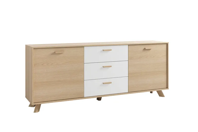 Sideboard BASTIAN / Eiche bianco, weiß / Griffe und Füße Massivholz Eiche / 3 Schubkästen und 2 Türen / viel Stauraum / Kommode / Anrichte / Maße: B 180, H 72,5, T 36,5 cm