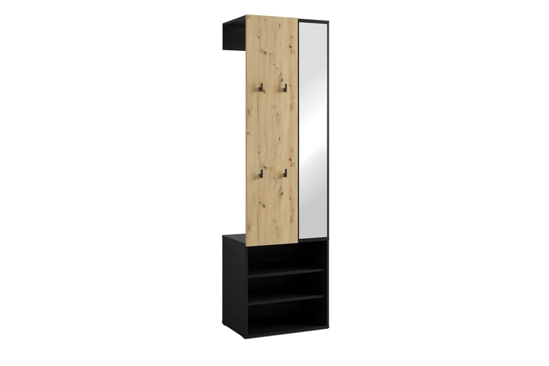 Kompaktgarderobe ANDORRA / Artisan Eiche (Eiche-Optik) oder weiß mit schwarz / Spiegel, Kleiderstange und Schuhfächer / Garderobenschrank / Flurgarderobe / Maße: B 55, H 187,5, T 40,5 cm