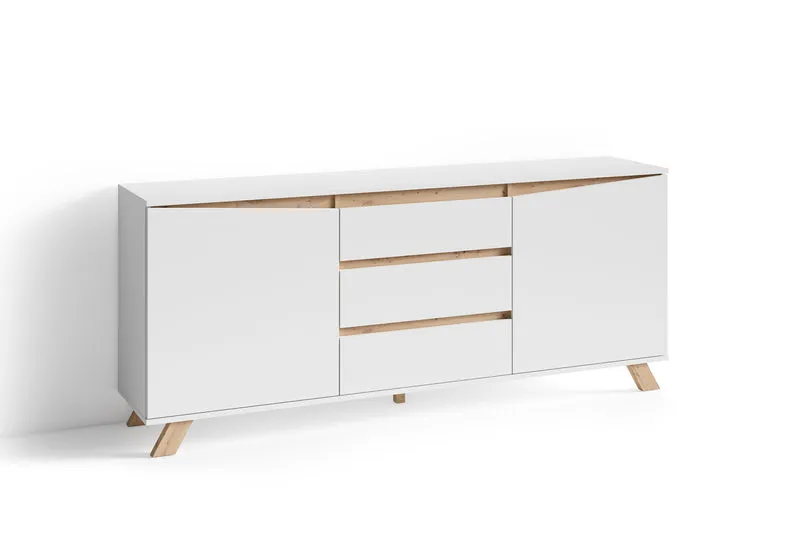 Sideboard VALENTIN / Kommode matt weiß oder anthrazit mit Absetzung in Eiche-Optik / Schrank mit 2 Türen und 3 Schubkästen / Im Scandi-Style / Grifflos / B 180, H 80, T 38 cm