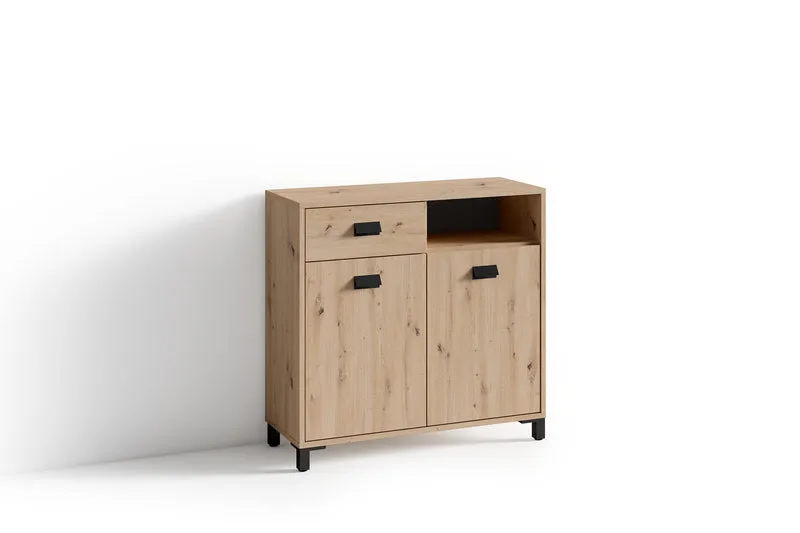 Badezimmer Kommode WELLNESS in Artisan Eiche, Griffe aus Metall in schwarz / Badschrank mit einer Schublade und zwei Türen / B 80,5, H 77,5, T 31 cm