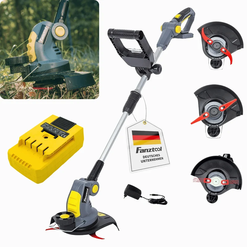 Neuwertig - FANZTOOL Akku Rasentrimmer 20V, inkl. 2Ah Akku, Ladegerät, Gerade Messer für Glatt- und Feinschnitt Und gekrümmte Messer mit Zähnen für Grobschnitt