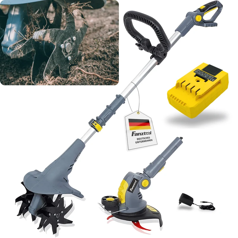 Neuwertig - FANZTOOL 20V Motorhacke Mini-Bodenhacke Bodenkrümler Gartenhacke Kultivator mit 20cm Arbeitsbreite und leistungsstarkem 2,5Ah Li-Ion-Akku von SAMSUNG (Motorhacke+Rasentrimmer Set)