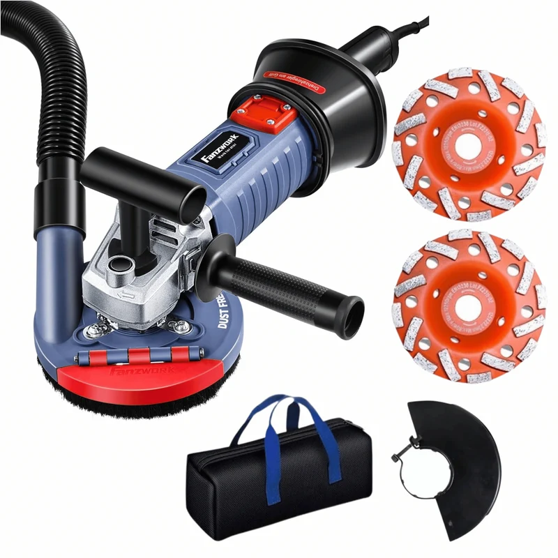 Neuwertig - FANZWORK 1500W Betonschleifer Betonfräse Set, Drehzahlregelbar, inkl. Premium 125mm Diamantschleiftopf, Absaughaube FZ-WB2304B