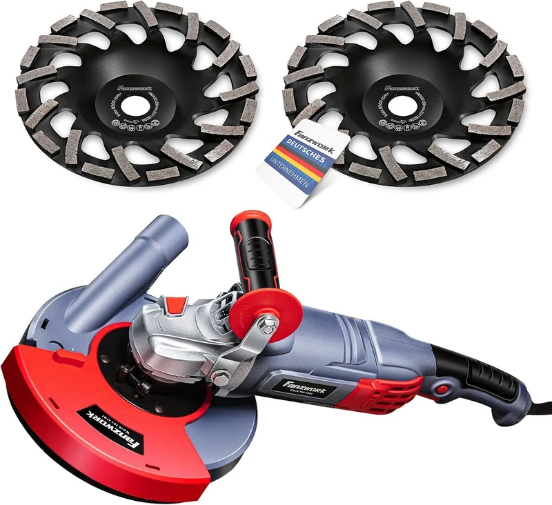 FANZWORK 1750W/180mm Betonschleifer Set, 7.500 min-1 Umdrehung, inkl. 2 Stk. Premium 180mm Diamantschleiftöpfe FZ-BW1750