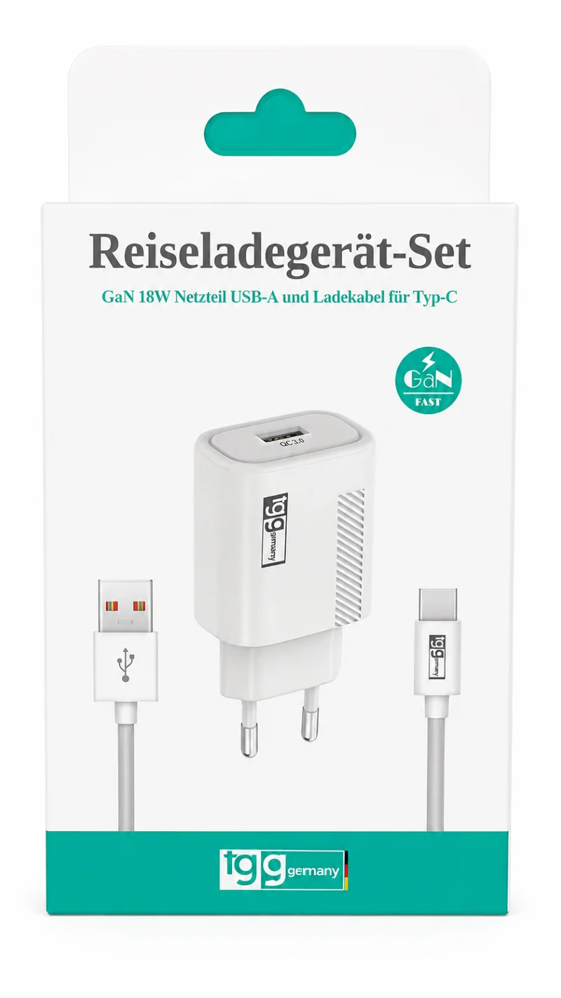 TUGG USB C Ladegerät 18W Netzteil Schnellladegerät USB-A Ladekabel 1m Typ C Set