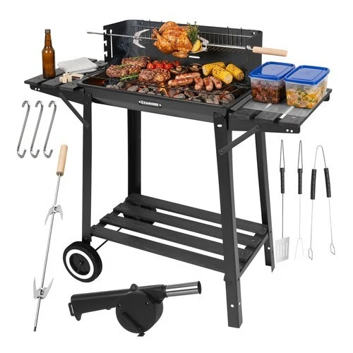 Holzkohlegrill Grillwagen mit Drehspieß Garten BBQ mit Ablage